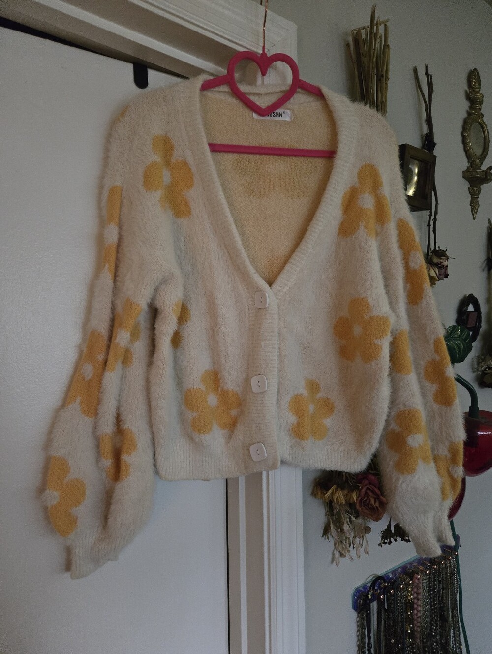 Sunshine Yellow Fuzzy Y2K Daisy Cardigan Sweater